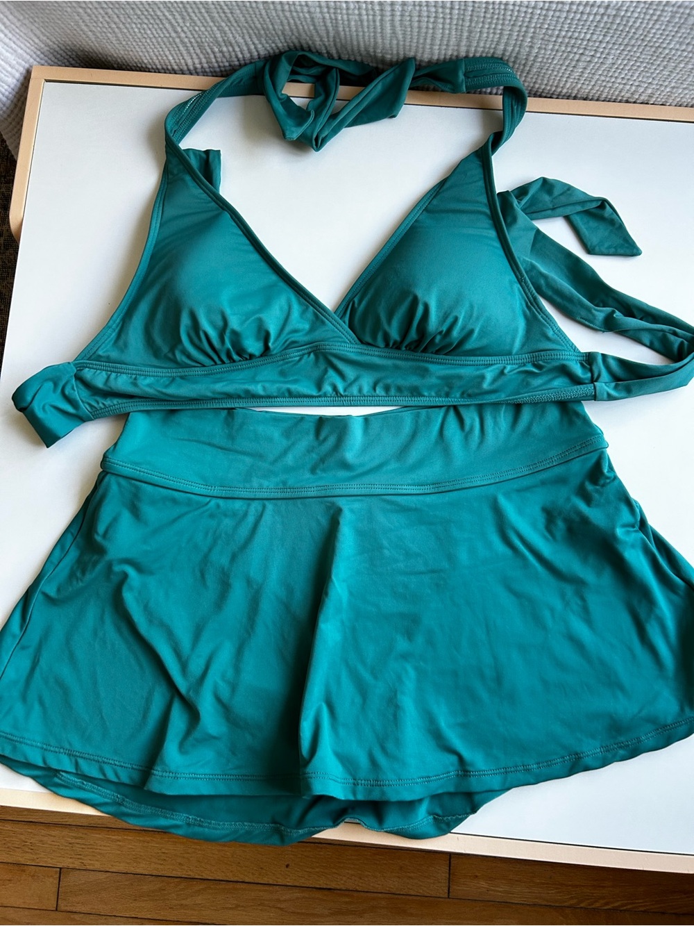 Anne Cole Bikini SET Halter Top Skirt Bottom Teal Green Size Large - Picture 2 of 14
